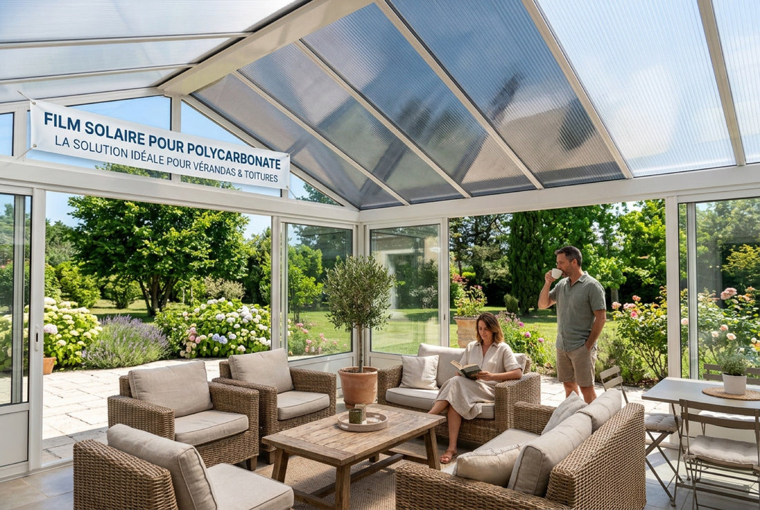 Véranda à toiture polycarbonate protégée par un film solaire anti-chaleur