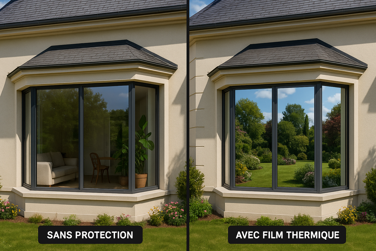 baie vitrée d'une maison avec jardin ayant du film de protection thermique effet miroir (avant/après)