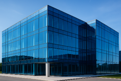 photo 4K d'un bâtiment professionnel avec pleins de vitrages équipés de film de protection thermique bleuté