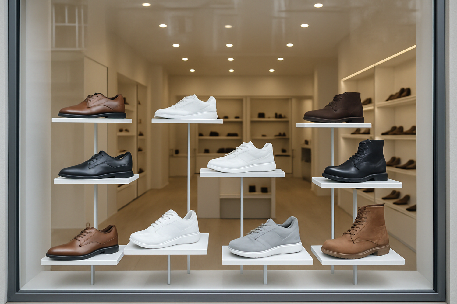 Vitrine de magasin de chaussure avec un léger reflet grisé indiquant la pose d'un film solaire incolore anti-uv